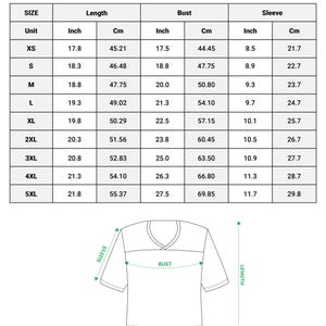 May include: A size chart for an all-over print crop top football jersey. The table lists sizes from XS to 5XL with corresponding length, bust, and sleeve measurements in inches and centimeters. A line drawing of a jersey illustrates the measurement points.