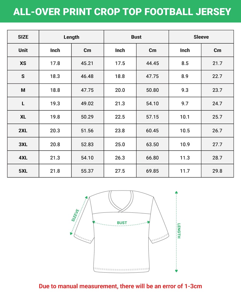 May include: A size chart for an all-over print crop top football jersey. The table lists sizes from XS to 5XL with corresponding length, bust, and sleeve measurements in inches and centimeters. A line drawing of a jersey illustrates the measurement points.