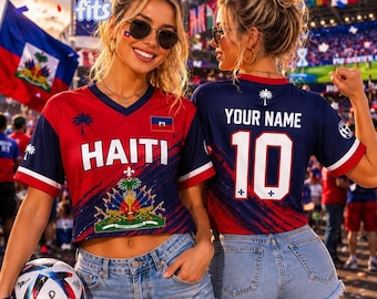 Haïti crop top jersey, aangepast naamnummer voetbalshirt, Haïti voetbalfan crop shirt, gepersonaliseerde wedstrijddag top, cadeau WK-supporter