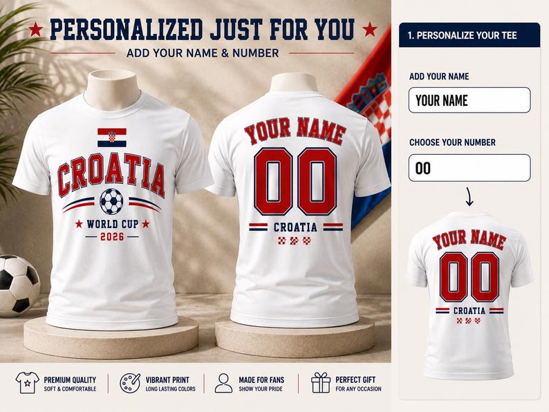 Op de afbeelding: Witte t-shirts met een Kroati&euml; World Cup 2026 ontwerp. E&eacute;n shirt heeft de Kroatische vlag en "CROATIA" met een voetbalafbeelding. Het andere shirt heeft "YOUR NAME" en het nummer "00" in rood.