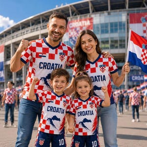 May include: A family of four wearing matching red and white checkered Croatia soccer jerseys with the word Croatia and a map graphic printed on the front. The jerseys feature blue trim on the sleeves and neck, and the children wear matching shorts.