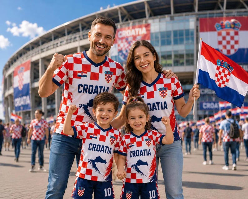 May include: A family of four wearing matching red and white checkered Croatia soccer jerseys with the word Croatia and a map graphic printed on the front. The jerseys feature blue trim on the sleeves and neck, and the children wear matching shorts.