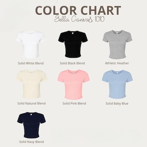 K&ouml;nnte beinhalten: Farbtabelle von Bella Canvas 1010 Crop-Tops in verschiedenen Farben, darunter Wei&szlig;, Schwarz, Grau, Natur, Rosa, Babyblau und Marineblau. Der Text "COLOR CHART" und "Bella Canvas 1010" befindet sich oben im Bild.