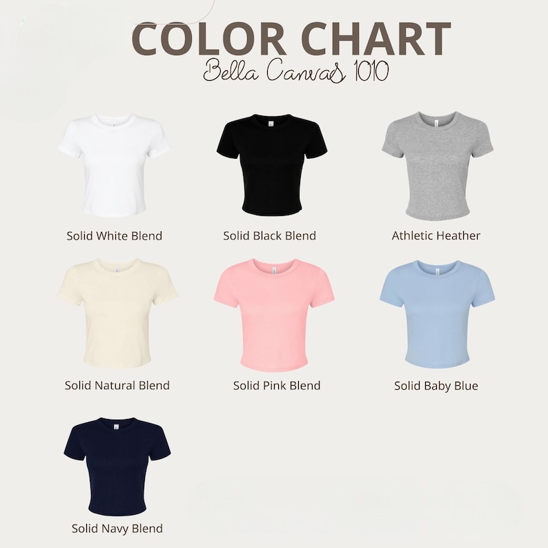 K&ouml;nnte beinhalten: Farbtabelle von Bella Canvas 1010 Crop-Tops in verschiedenen Farben, darunter Wei&szlig;, Schwarz, Grau, Natur, Rosa, Babyblau und Marineblau. Der Text "COLOR CHART" und "Bella Canvas 1010" befindet sich oben im Bild.