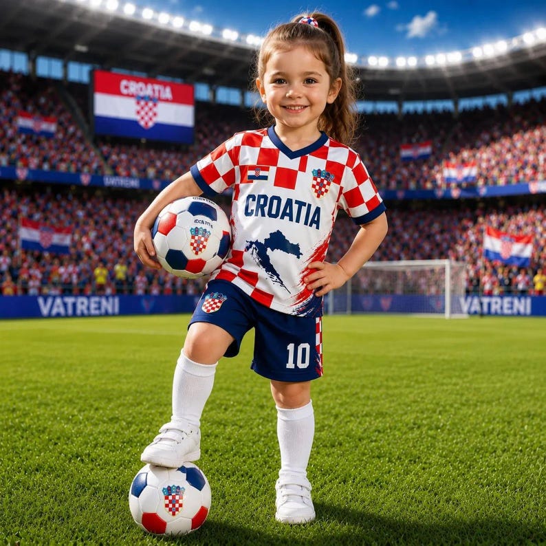 May include: A child wearing a red and white checkered Croatia soccer jersey with the word CROATIA and a map graphic, paired with blue shorts featuring the number 10, white socks, and white sneakers, holding a soccer ball with a matching pattern.