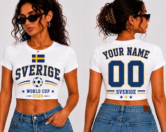 Sverige Baby Tee World Cup 2026, Custom Name Number Crop Top, Sweden Soccer Shirt Women, Personalized Football Baby Tee