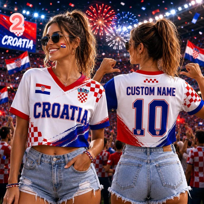 May include: A white, red, and blue V-neck crop top featuring the text CROATIA on the front and CUSTOM NAME with the number 10 on the back. The shirt includes a red and white checkered pattern, a small Croatian flag emblem, and blue sleeves.