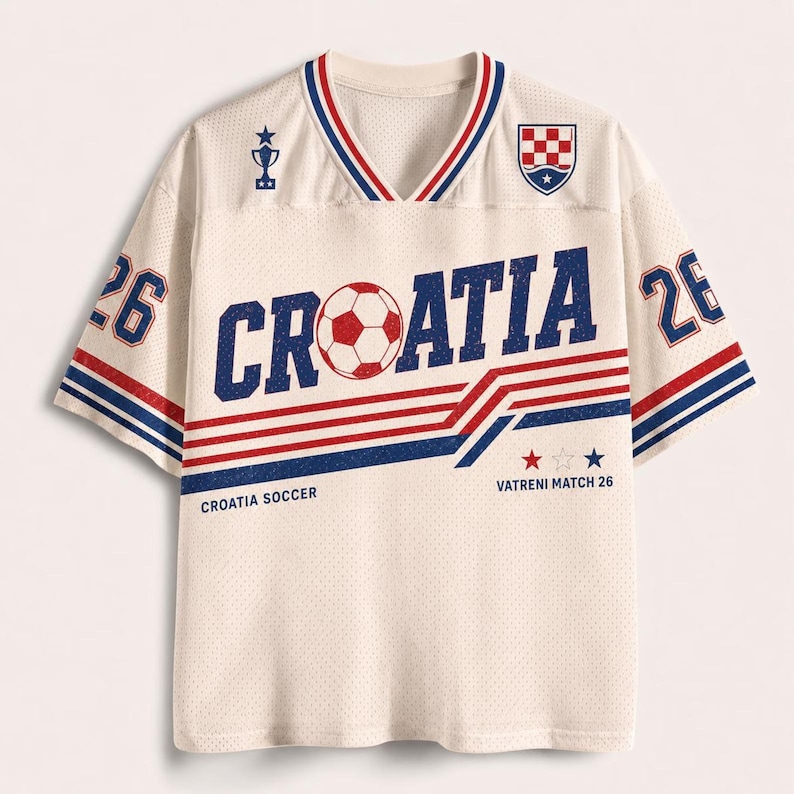 Pu&ograve; includere: Una maglia a scollo a V color crema con una trama a rete. La parte anteriore presenta la scritta CROATIA con un pallone da calcio al posto della lettera O, il numero 26 sulle maniche, un'icona a forma di trofeo, lo stemma croato e il testo CROATIA SOCCER VATRENI MATCH 26.