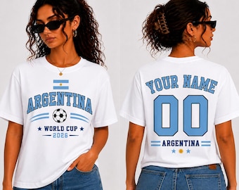 Mockup shirt WK Argentinië 2026, aangepaste naam nummer voetbalfan T-shirt, shirt Argentijnse voetbalsupporter, gepersonaliseerd team-T-shirt