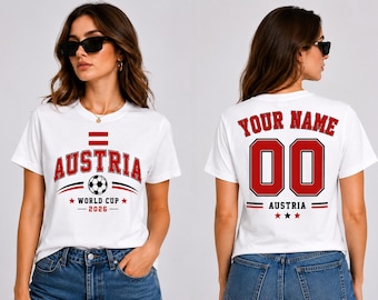 Oostenrijk voetbalfanshirt, aangepaste naam en nummer T-shirt, Oostenrijk voetbalsupporter T-shirt, gepersonaliseerd voetbalcadeau, WK-fankleding