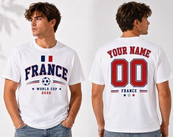 Gepersonaliseerde voetbalshirt Frankrijk aangepaste naam nummer T-shirt, cadeau Franse voetbalfan, aangepast T-shirt stijl voetbalshirt, kleding sportfan