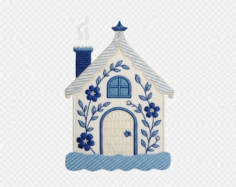 Blue Floral Cottage Embroidery Design, Cozy House Stitch Pattern, Scandinavian Folk Home Art