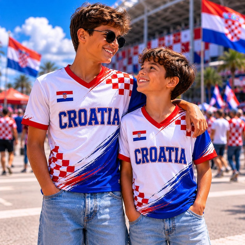 May include: Two white V-neck shirts featuring the word CROATIA in blue letters, a red and white checkerboard pattern on the shoulders and sides, and a small Croatian flag emblem on the chest, paired with blue denim jeans.