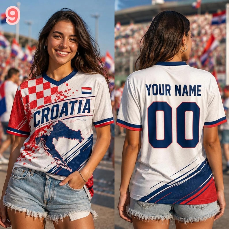May include: A white short-sleeve jersey featuring a red and white checkered pattern on the left side, the text CROATIA, a map graphic, and a small flag. The back displays the text YOUR NAME above the number 00 in dark blue with red trim.
