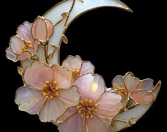 Elegant Floral Crescent Moon Suncatcher Pink Blossom Window Hanging Decor