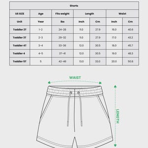 May include: A size chart for all-over print kid soccer jersey shorts, featuring a table with US sizes from 2T to 5T, age ranges, weight in lbs, and length and waist measurements in inches. Below is a line drawing of shorts with waist and length labels.