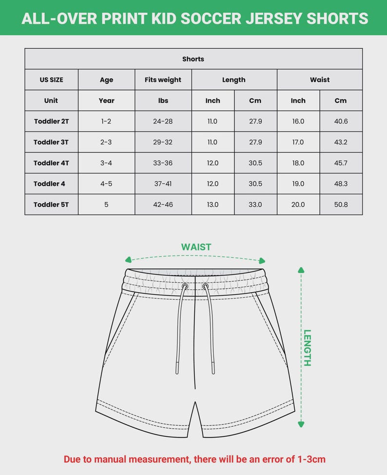 May include: A size chart for all-over print kid soccer jersey shorts, featuring a table with US sizes from 2T to 5T, age ranges, weight in lbs, and length and waist measurements in inches. Below is a line drawing of shorts with waist and length labels.