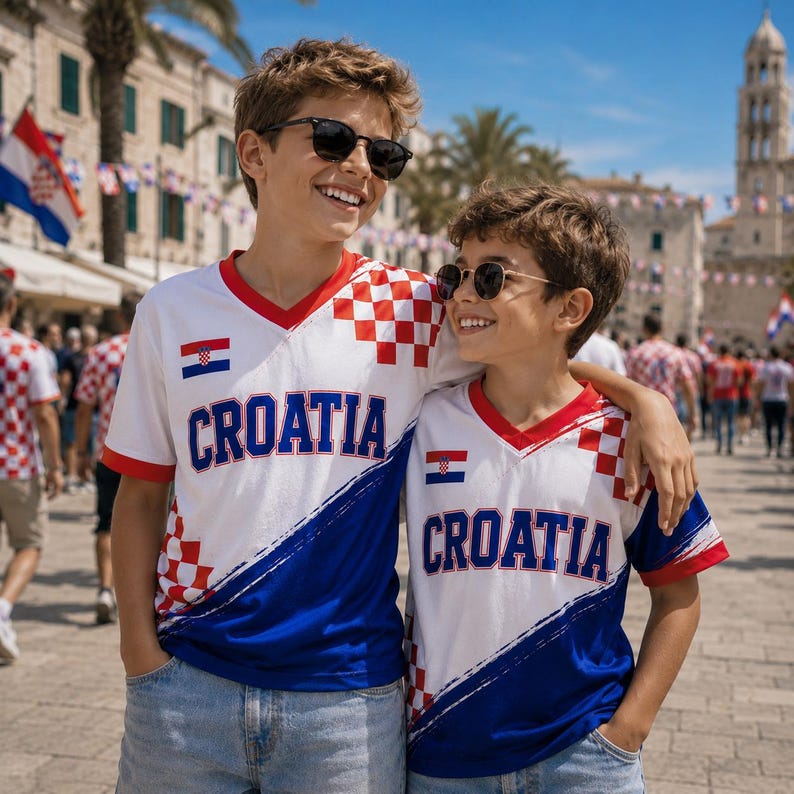 May include: Two white V-neck t-shirts featuring the word CROATIA in blue letters, a red and white checkered pattern on the shoulder and side, and a small Croatian flag emblem on the chest. The shirts have a diagonal blue section at the bottom.