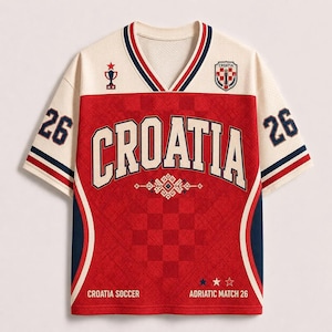 May include: A cream and red V-neck jersey featuring the text CROATIA in large letters across the chest. The sleeves display the number 26, while the front includes a trophy icon, a Croatia crest, and the text CROATIA SOCCER ADRIATIC MATCH 26.