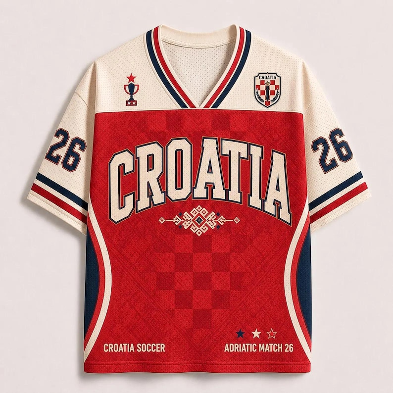 May include: A cream and red V-neck jersey featuring the text CROATIA in large letters across the chest. The sleeves display the number 26, while the front includes a trophy icon, a Croatia crest, and the text CROATIA SOCCER ADRIATIC MATCH 26.