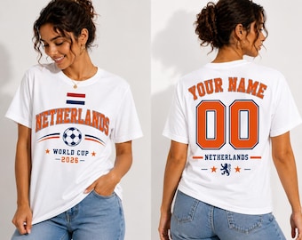 Nederlands voetbalfanshirt 2026, gepersonaliseerd T-shirt met naam en nummer, Nederlands voetbalsupporter-T-shirt, aangepast sportshirt-stijl shirt