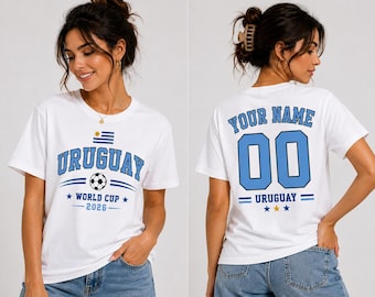 Gepersonaliseerde voetbalT-shirt Uruguay, shirt aangepast naamnummer, T-shirt Uruguay voetbalfan, geïnspireerd cadeau WK, uniseks sportshirt