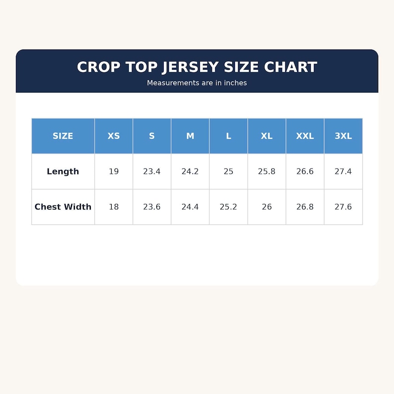 May include: A crop top jersey size chart with a dark blue header and white text. The table displays sizes from XS to 3XL with corresponding length and chest width measurements in inches, ranging from 18 to 27.6 inches for various garment sizes.