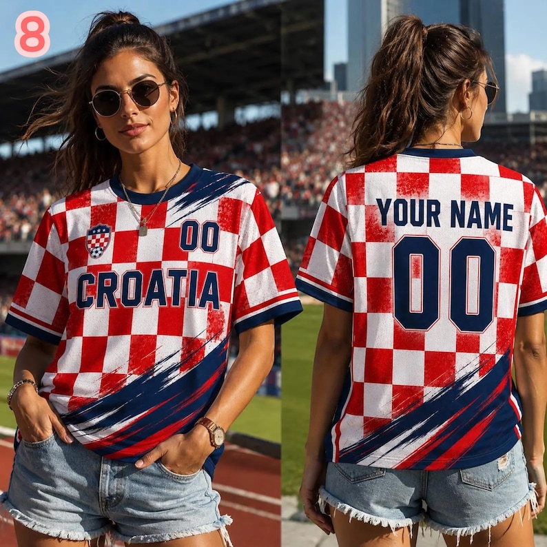 May include: A short-sleeved t-shirt featuring a red and white checkered pattern with navy blue brushstroke accents. The front displays the text CROATIA and the number 00, while the back shows the text YOUR NAME and the number 00.