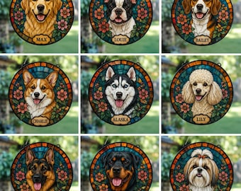 Custom Dog Stained Glass Suncatcher, Personalized Pet Window Hanging, Floral Dog Ornament, Dog Lover Gift,Glass Dog Decor, Memorial Pet Gift