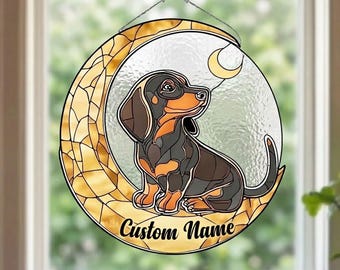Personalized Dachshund Suncatcher Custom Name Dog Memorial Moon Window Hanging Gift