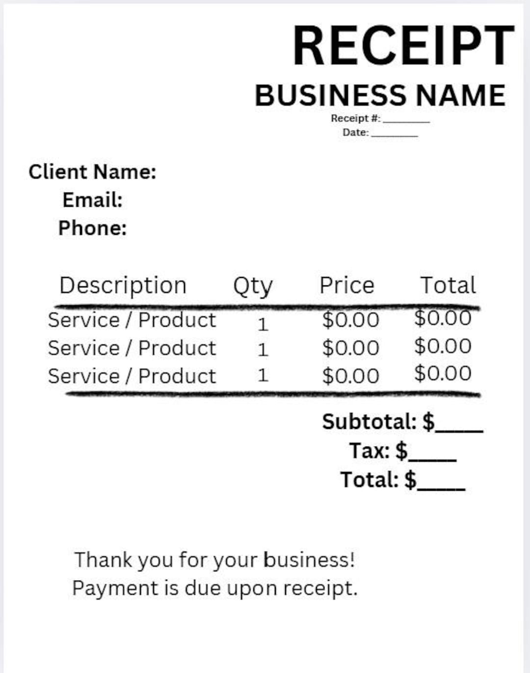 Example Receipt Jpg Editable Receipt Template | Canva Receipt for Small Business | Instant ...