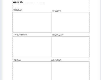 May include: A white weekly planner with the title "WEEKLY PLANNER" in bold black font. The planner includes sections for each day of the week, a space for the week's dates, and a notes section.