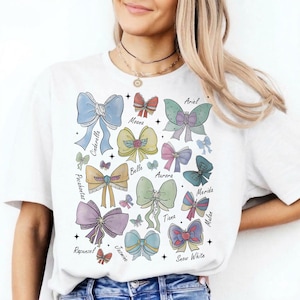 Retro Coquette Bows Watercolor Disney Princess PNG, Disney Aurora Ariel Belle Cinderella Tiana PNG, Magic Kingdom Disneyland Girl Trip