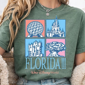 May include: Green t-shirt with a colorful graphic featuring four iconic Florida landmarks: Spaceship Earth, Cinderella Castle, Tower of Terror, and the Tree of Life. The word "FLORIDA!!!" and "Walt Disney World" are printed below the images.