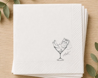 Personalized Cat Bride Cocktail Napkins, Custom Wedding Cat Napkins, Bride Veil Cat in Martini Glass, Bridal Shower, Bachelorette Party