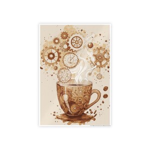 Op de afbeelding: Waterverfillustratie van een koffiekopje met een steampunk-thema. De beker is gevuld met koffie en stoom, met tandwielen en wijzerplaten die oprijzen. Het kleurenpalet is voornamelijk bruin en beige.