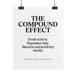 May include: A white poster with black text that reads THE COMPOUND EFFECT, followed by the text Small actions. Repeated daily. Become extraordinary results. and the smaller text You don't rise to your goals — you rise to your habits.