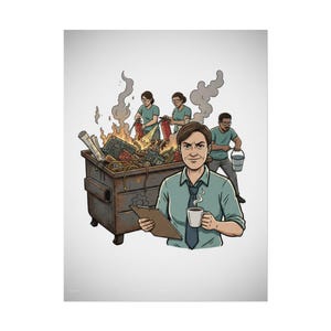 May include: Illustration of a man holding a coffee cup and clipboard, smiling in front of a dumpster fire. Three people are using fire extinguishers, and another is carrying a bucket. The dumpster contains electronics.