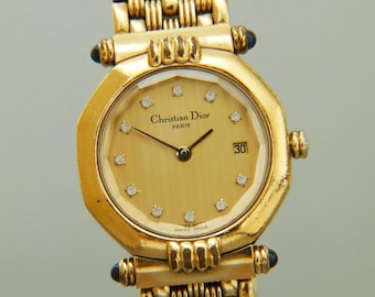 Rare Christian Dior D64-151 11P Diamond Roman Date Gold Octagon