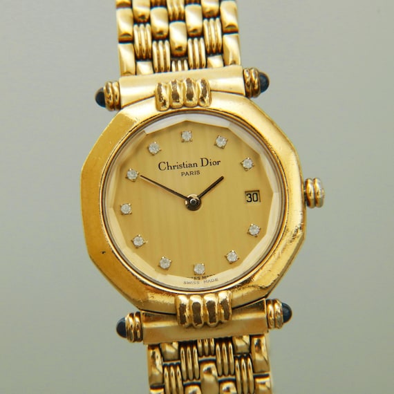 Rare Christian Dior D64-151 11P Diamond Roman Date Gold Octagon