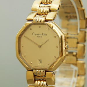 Vintage Christian Dior 45.154 Octagon Gold Dial Date Quartz