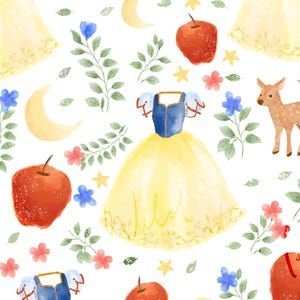 May include: Watercolor pattern featuring a yellow dress with a blue bodice, red apples, deer, squirrels, and floral elements on a white background. The design includes crescent moons and stars, creating a whimsical, fairytale theme.