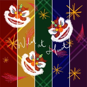 Modello senza cuciture di danza del leone cinese, carta digitale per il capodanno lunare, sfondo ripetuto con testa di leone disegnata a mano, modello CNY, set di 5 colori