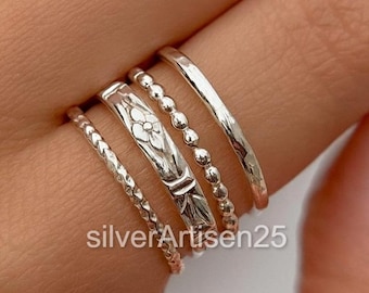 Assorted Textured Silver Ring Set, Stackable Boho Minimalist Jewelry