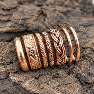 Puede incluir: Un conjunto de siete anillos de tono cobre con varios diseños, incluyendo una banda lisa, una banda con relieve floral, una banda con patrón de hojas, una banda con cuentas, una banda trenzada y dos bandas finas simples, dispuestas en fila.