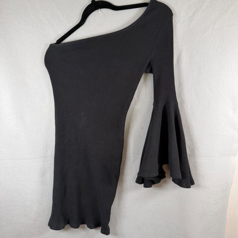 Free People FP Beach Top Womens M Black One Shoulder Bell Sleeve Ribbed Knit image 1