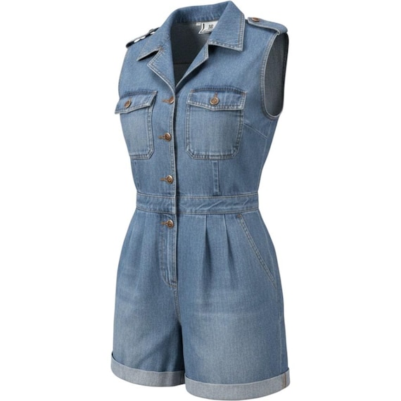 Bill Blass, Bill Blass Romper Womens Large Blue Denim Sleeveless Button Front VTG 90s Retro
