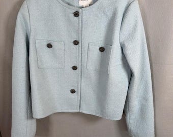 Christian Lacroix Jacket Womens L Blue Tweed Cropped Blazer Button Front 0839191