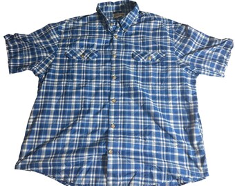 Camisa Duluth Trading Co para hombre, talla 2XL, azul a cuadros, con botones, manga corta y bolsillos.
