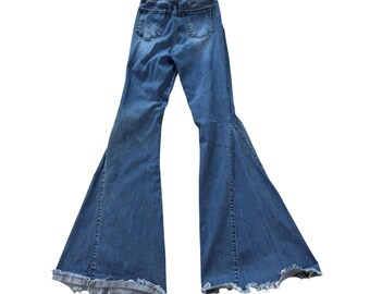 YMI Jeans Womens 1 Blue Gigi Fit Bell Bottom Flare Distressed Raw Hem Denim